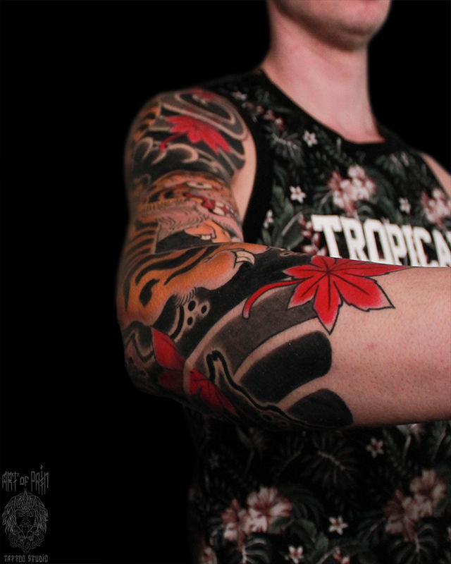 Татуировка мужская япония тату-рукав тигр и кленовые листья – Мастер тату: Марк Акулов