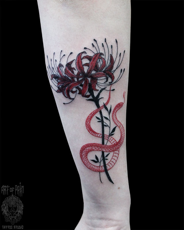 Татуировка женская графика на предплечье паучья лилия и змейка – Мастер тату: Анастасия Родина