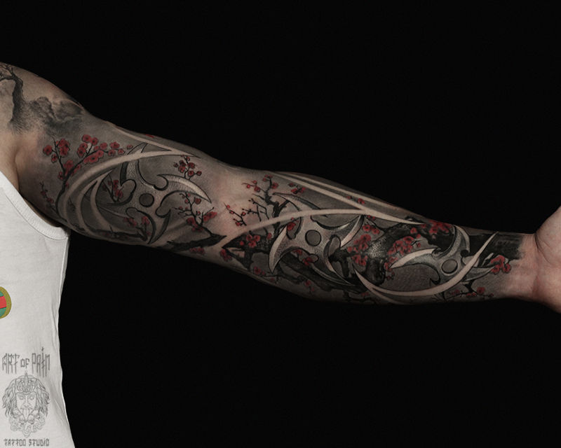 Татуировка мужская реализм тату-рукав звездочки и сакура – Мастер тату: Слава Tech Lunatic