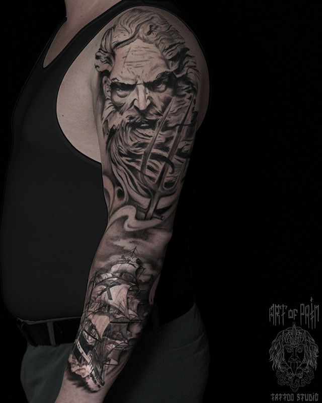 Татуировка мужская графика тату-рукав посейдон и корабль – Мастер тату: 