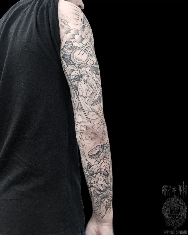 Татуировка мужская графика тату-рукав боги, масонский глаз, люди – Мастер тату: Мария Котова