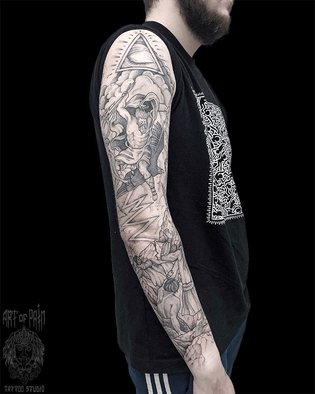 Татуировка мужская графика тату-рукав боги, масонский глаз, люди – Мастер тату: Мария Котова