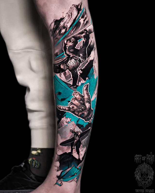 Татуировка мужская треш полька на голени зомби-сёрферы – Мастер тату: Слава Tech Lunatic