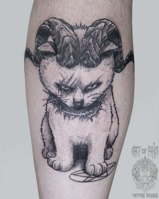 Татуировка мужская графика на голени котик – Мастер тату: Анастасия Родина