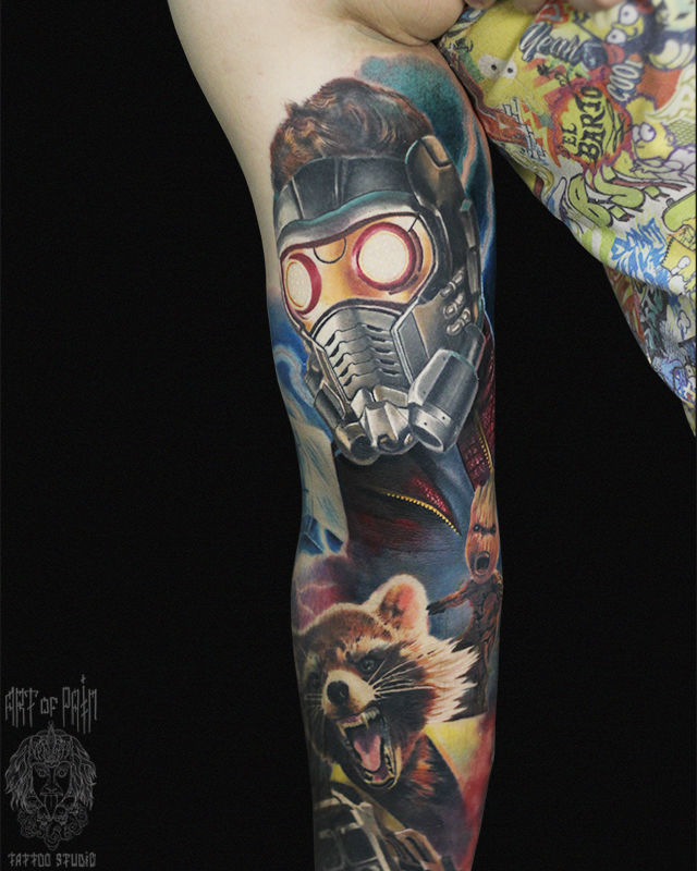 Татуировка женская реализм на руке Питер Квилл – Мастер тату: Александр Pusstattoo