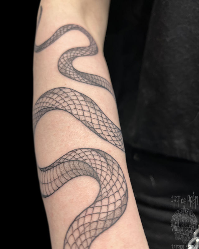Татуировка женская графика на предплечье змея – Мастер тату: Максим Север