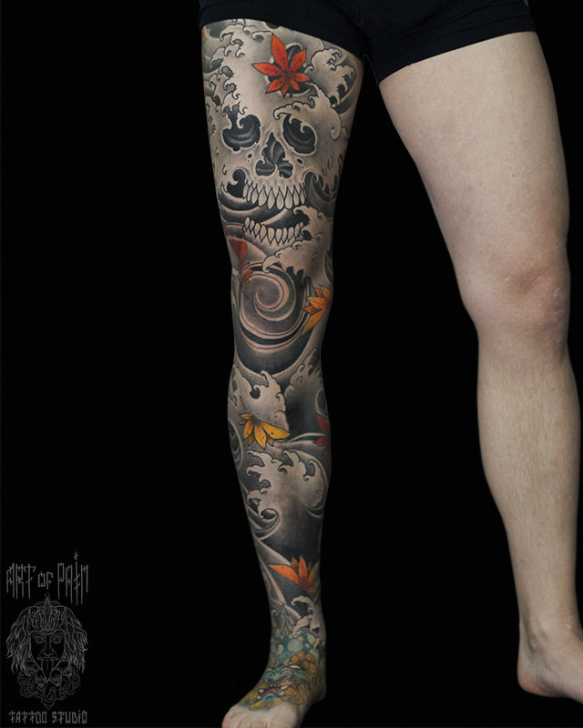 Татуировка мужская япония на ноге череп и волны – Мастер тату: Марк Акулов