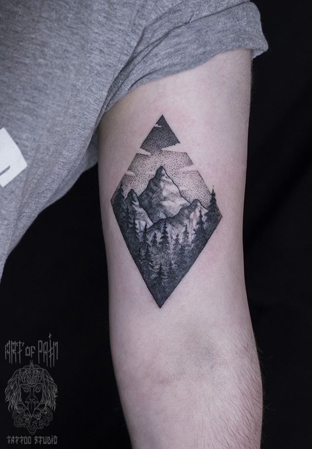 Татуировка мужская дотворк на плече горы – Мастер тату: 