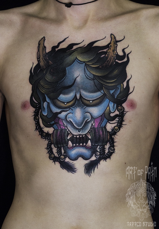 Татуировка мужская Япония на груди синий Ханья – Мастер тату: 