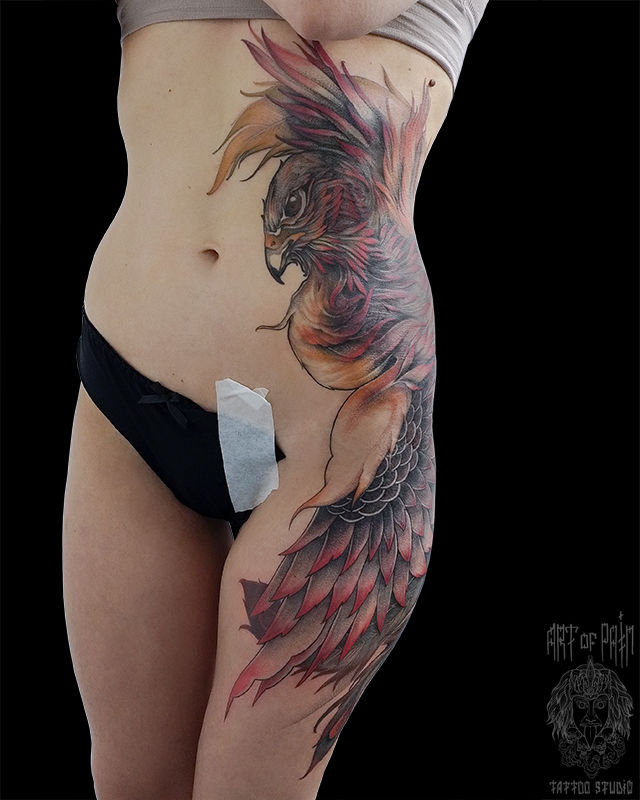 Татуировка женская нью скул на боку феникс – Мастер тату: Анастасия Родина