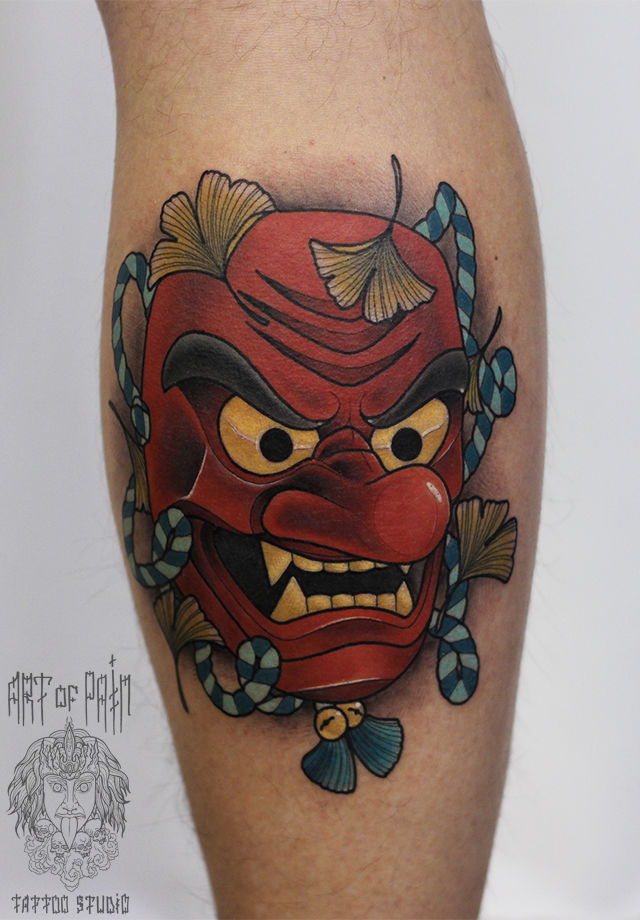 Татуировка мужская япония на голени маска – Мастер тату: Марк Акулов