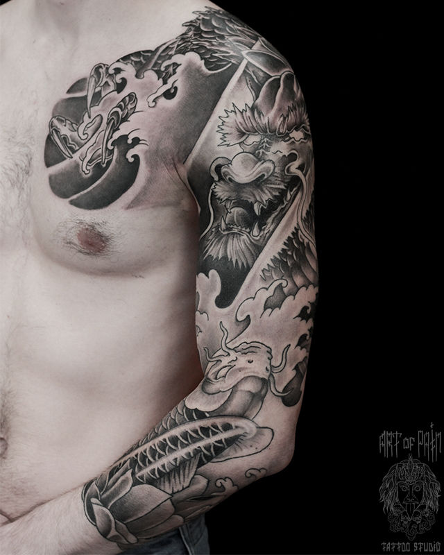 Татуировка мужская япония тату-рукав лотосы и дракон – Мастер тату: 