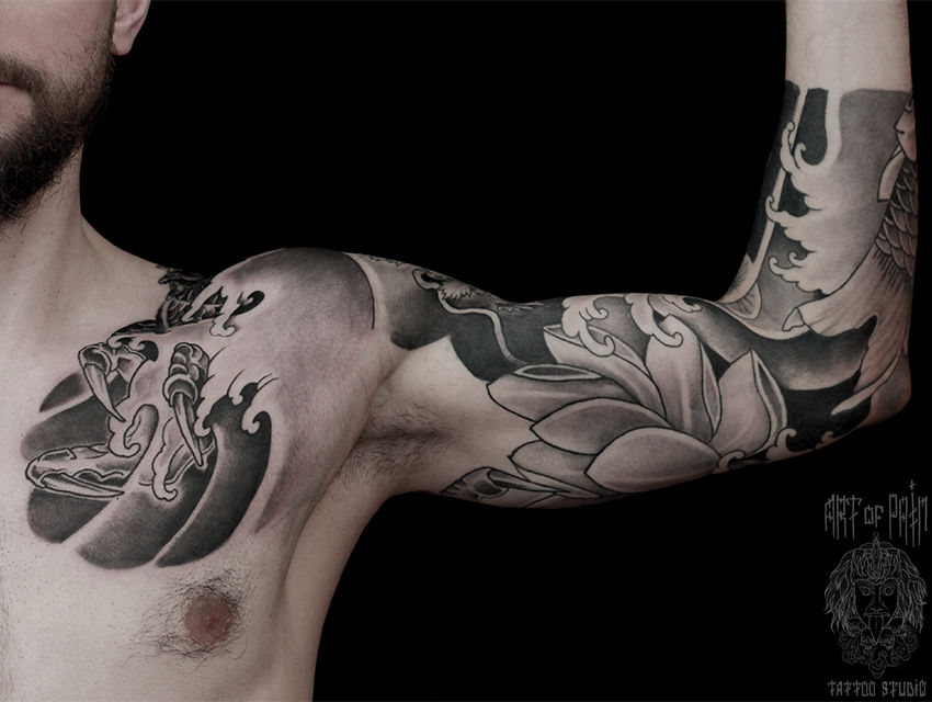 Татуировка мужская япония тату-рукав дракон и лотосы – Мастер тату: 