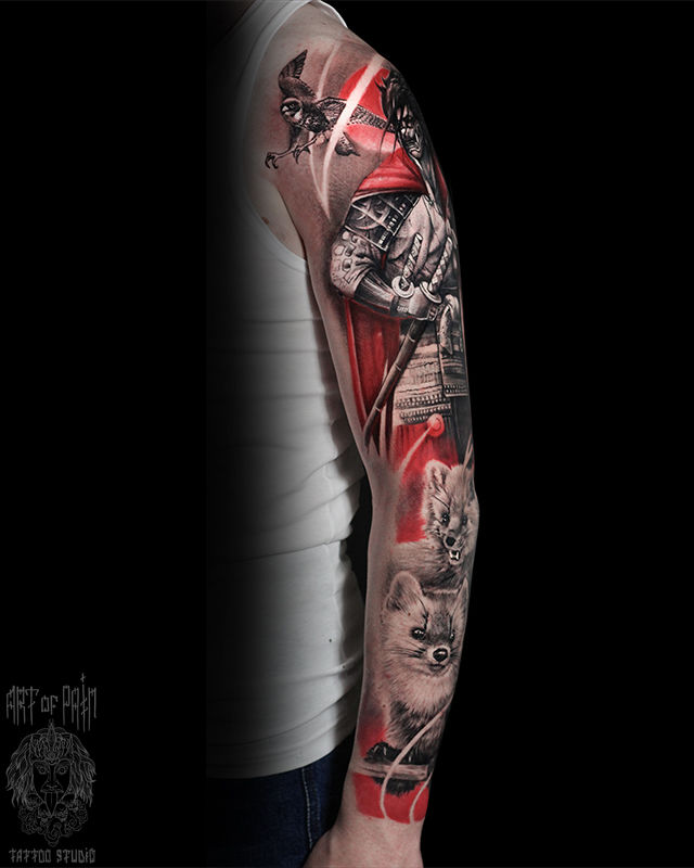 Татуировка мужская реализм тату-рукав самурай, птица, хорьки – Мастер тату: Слава Tech Lunatic
