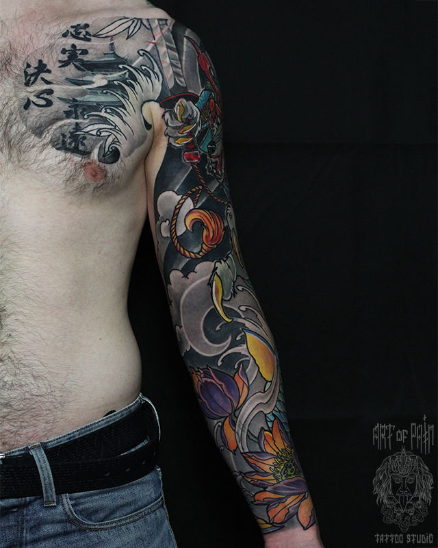 Татуировка мужская япония тату-рукав волк, карп, лотосы – Мастер тату: Юрий Хандрыкин