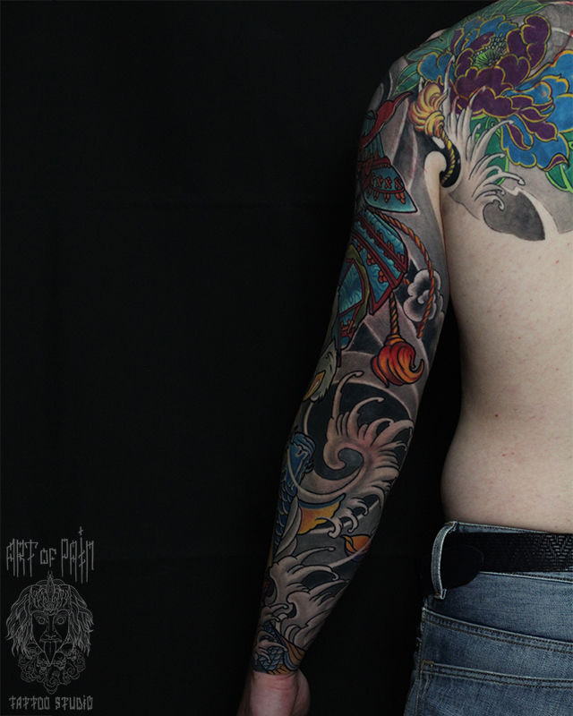 Татуировка мужская япония тату-рукав волк, лотосы, карп – Мастер тату: Юрий Хандрыкин