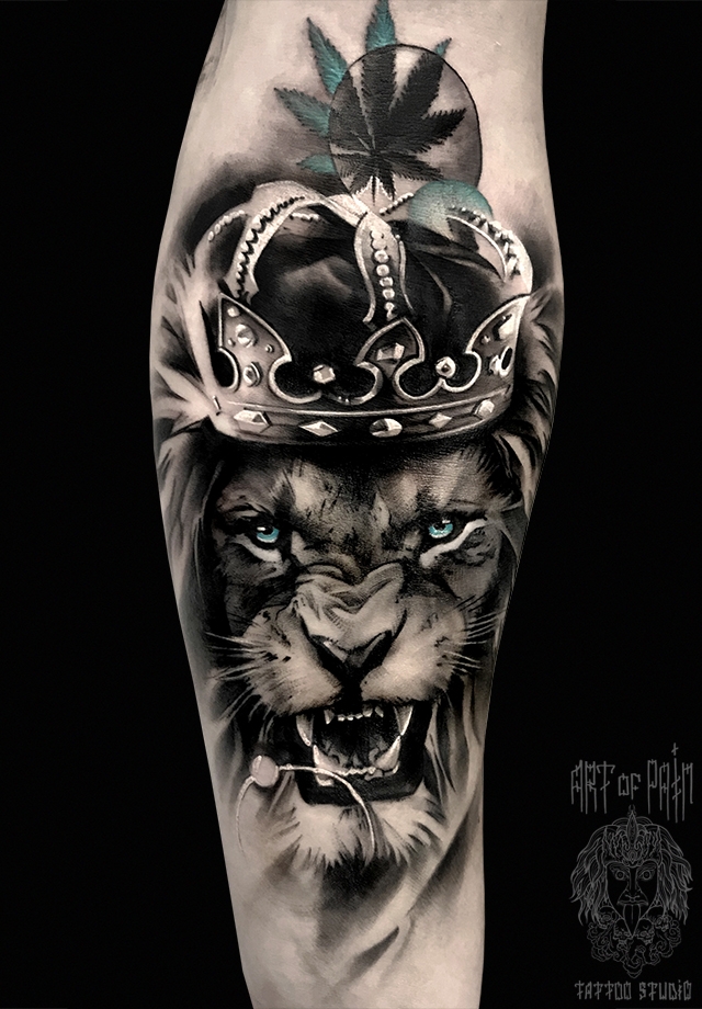 Татуировка мужская black&grey на голени лев с короной – Мастер тату: 