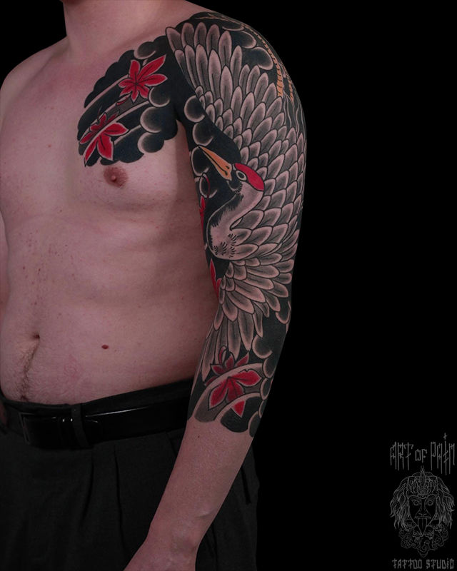 Татуировка мужская япония тату-рукав журавль и кленовые листья – Мастер тату: Марк Акулов