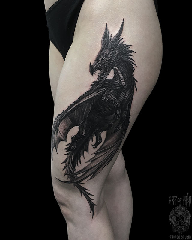 Татуировка женская фентези на бедре черный дракон – Мастер тату: 
