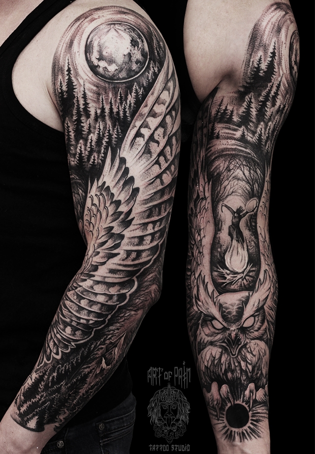 Татуировка мужская black&grey тату-рукав сова и лес – Мастер тату: 
