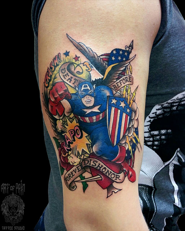 Татуировка мужская нью скул на плече капитан Америка – Мастер тату: Евгения Шмидт