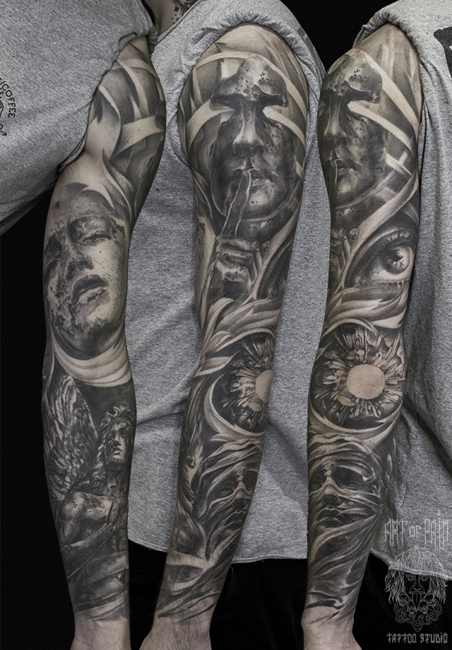 Татуировка мужская black&grey тату-рукав маска, глаз и ангел – Мастер тату: Слава Tech Lunatic