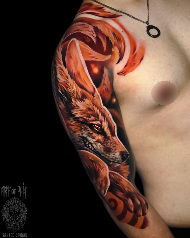 Татуировка мужская нео-трад на плече лиса – Мастер тату: Дмитрий Шейб