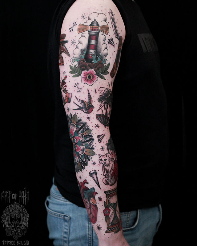 Татуировка мужская олд скул тату-рукав ласточка, мандала, маяк, кот, часы – Мастер тату: Анастасия Родина