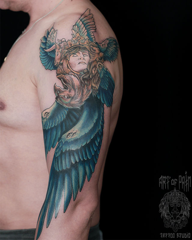 Татуировка мужская нью-скул на плече ангел – Мастер тату: Анастасия Родина