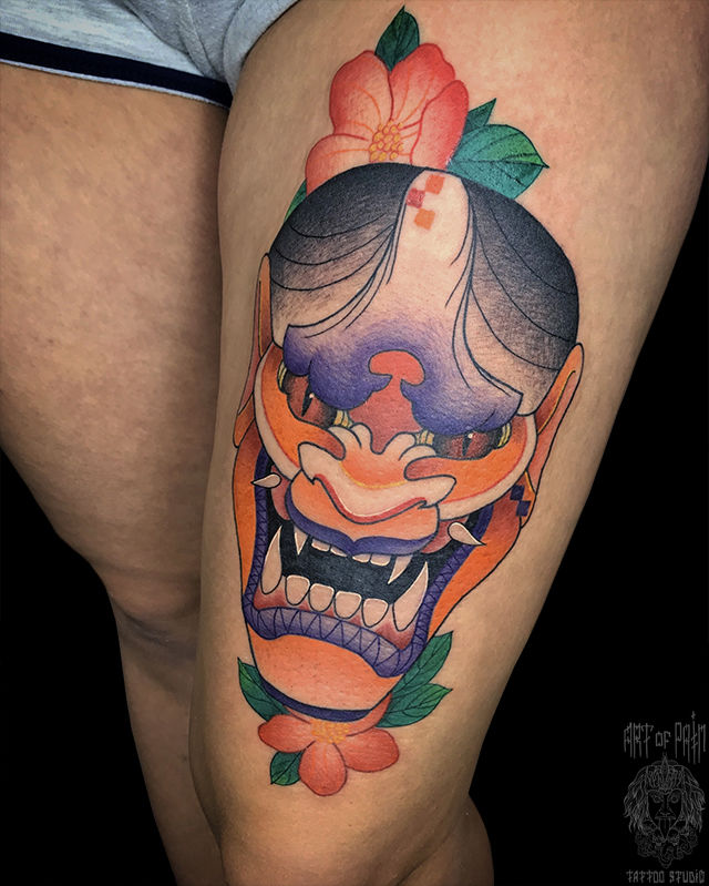Татуировка женская япония на бедре Хання – Мастер тату: Булат Бурганов