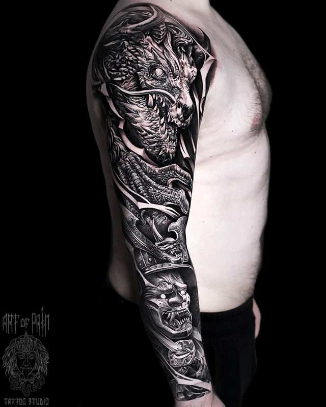 Татуировка мужская фентези тату-рукав дракон и демон – Мастер тату: Слава Tech Lunatic