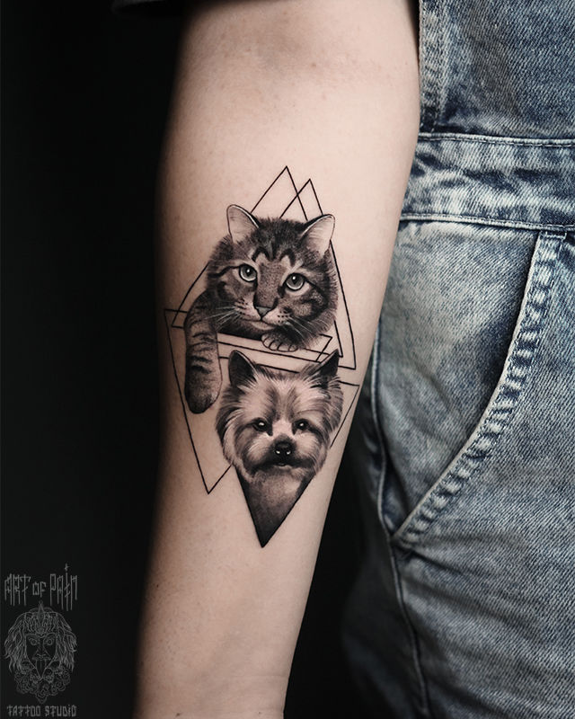 Татуировка женская реализм на предплечье кот и собака – Мастер тату: Анастасия Юсупова