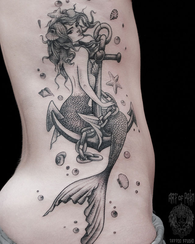 Татуировка женская графика на боку русалка – Мастер тату: Анастасия Родина