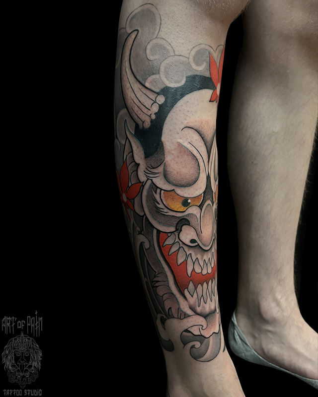Татуировка мужская япония на голени Хання – Мастер тату: Булат Бурганов