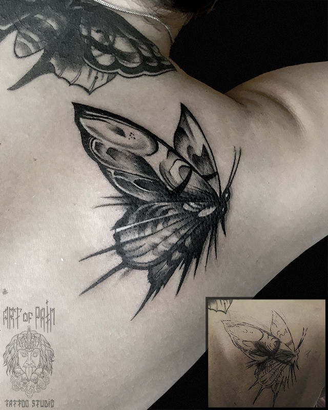 Татуировка женская black&grey на лопатке бабочка – Мастер тату: 