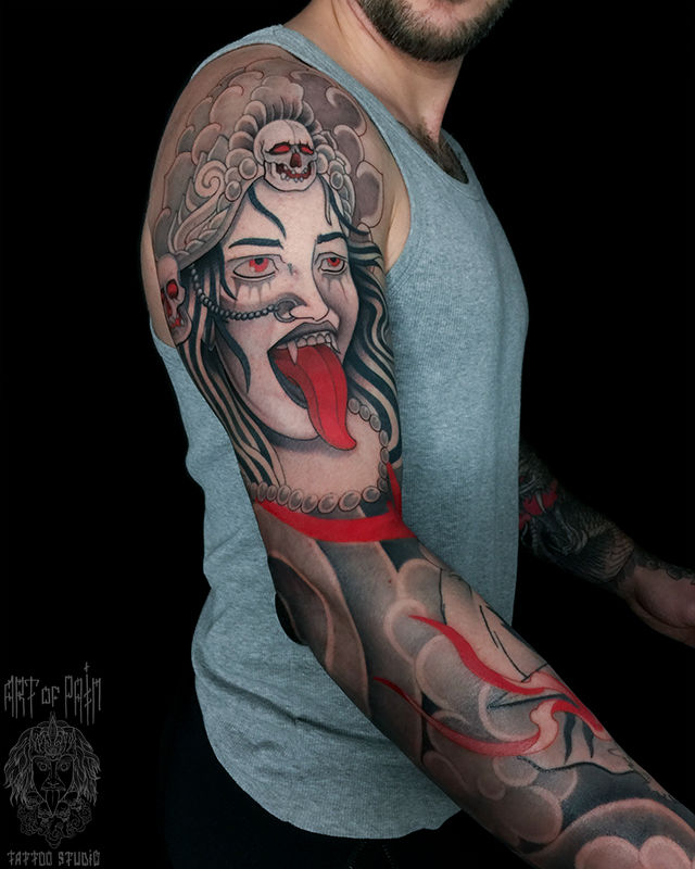 Татуировка мужская япония на рукав Кали, тигр, царь обезьян – Мастер тату: 