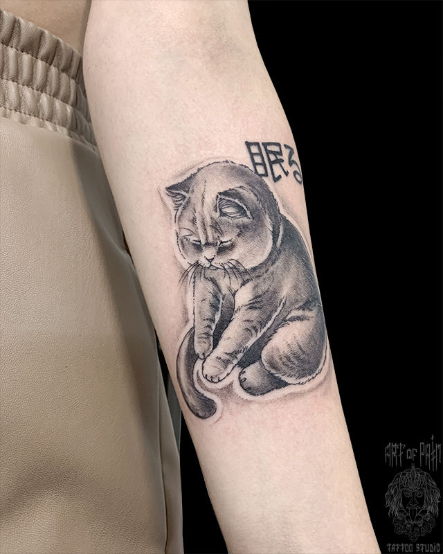 Татуировка женская графика на предплечье котик и иероглиф – Мастер тату: Мария Бородина (Челнокова)