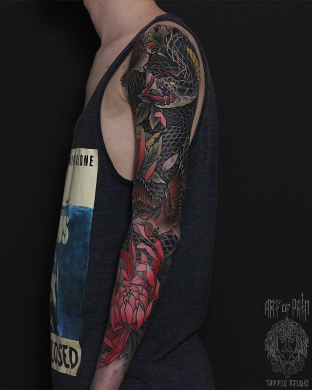 Татуировка мужская япония тату-рукав змея и воробьи – Мастер тату: Марк Акулов