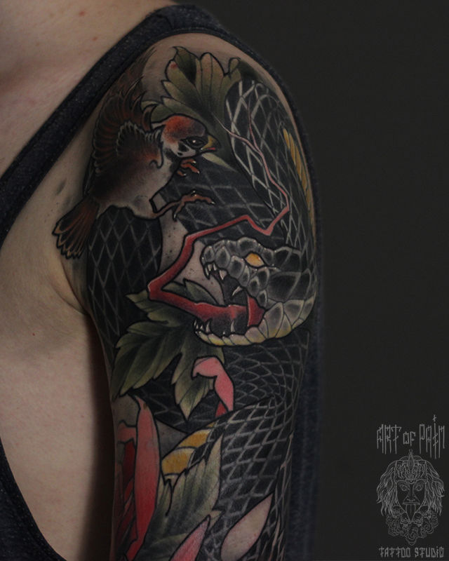 Мужской Тату-рукав в японском стиле воробьи и змея – Мастер тату: Марк Акулов