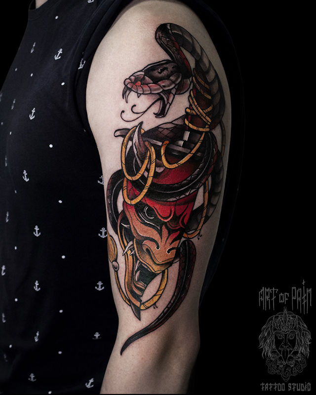 Татуировка мужская япония на плече ханья и змея – Мастер тату: 