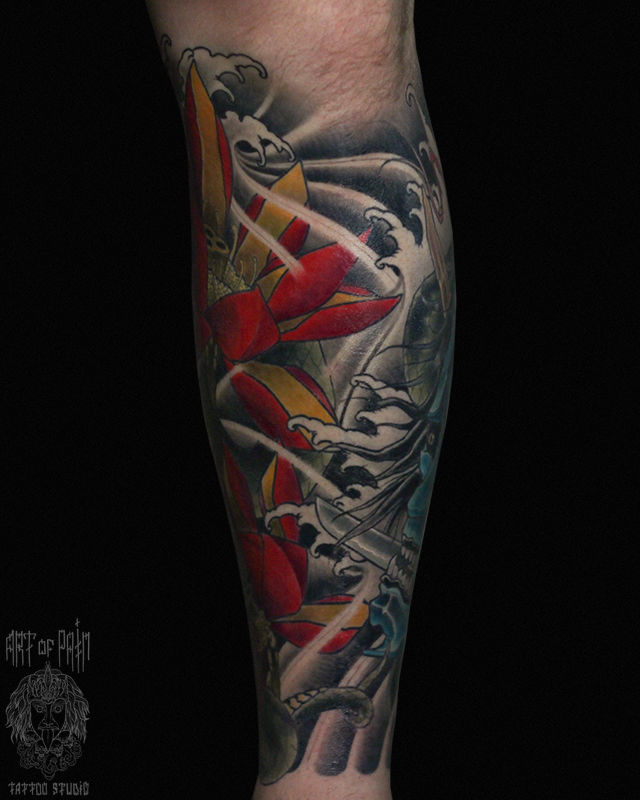 Татуировка мужская япония на голени волны – Мастер тату: Марк Акулов