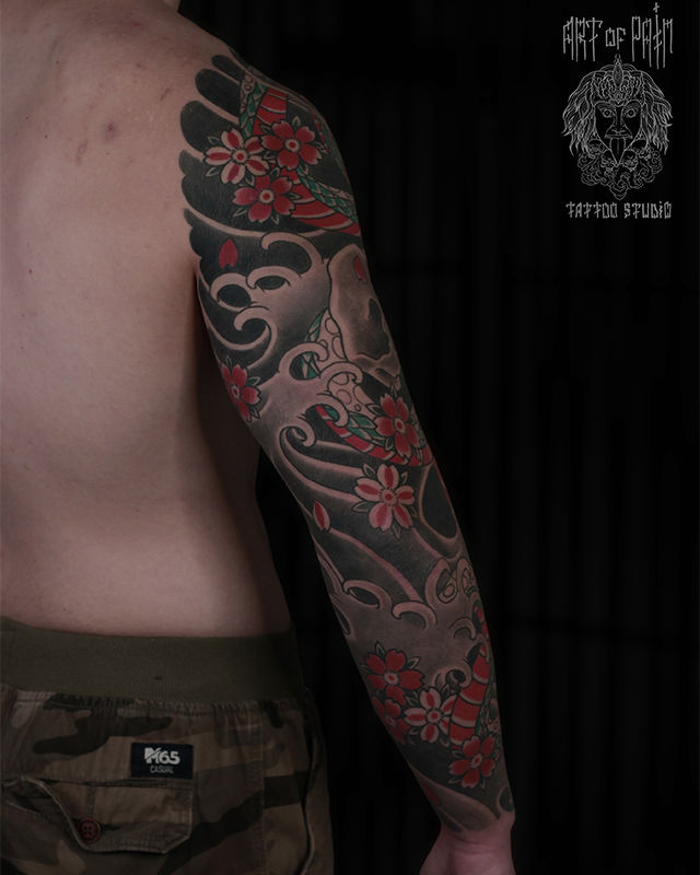 Татуировка мужская япония тату-рукав змея и череп – Мастер тату: Марк Акулов