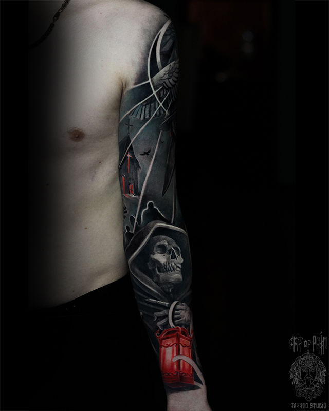 Татуировка мужская хоррор тату-рукав смерть, ворон – Мастер тату: Анастасия Юсупова
