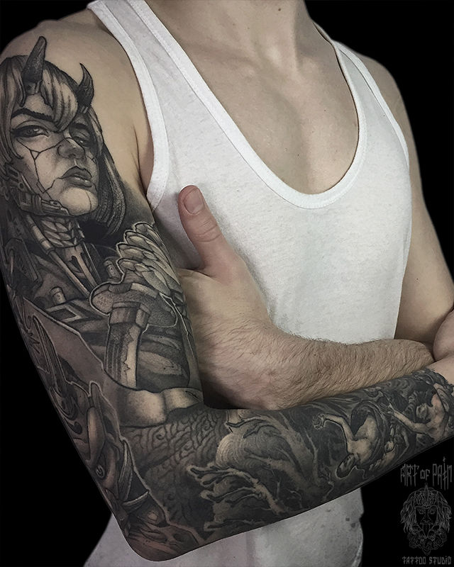 Татуировка мужская графика тату рукав девушка-демон – Мастер тату: Денис Марченко