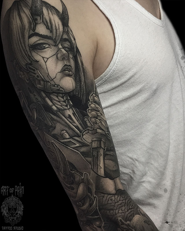 Татуировка мужская графика на плече девушка-демон – Мастер тату: Денис Марченко