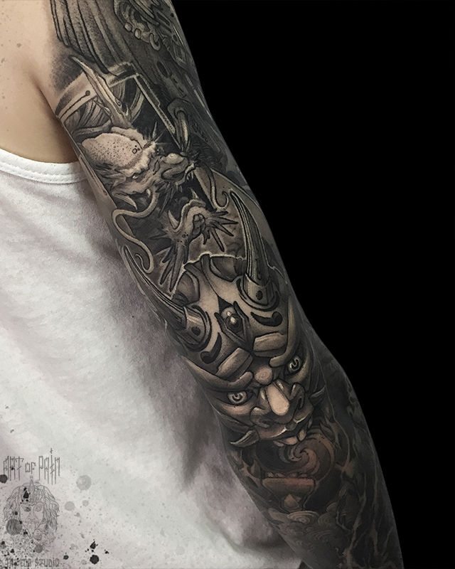Татуировка мужская графика на руке Хання и дракон – Мастер тату: Денис Марченко