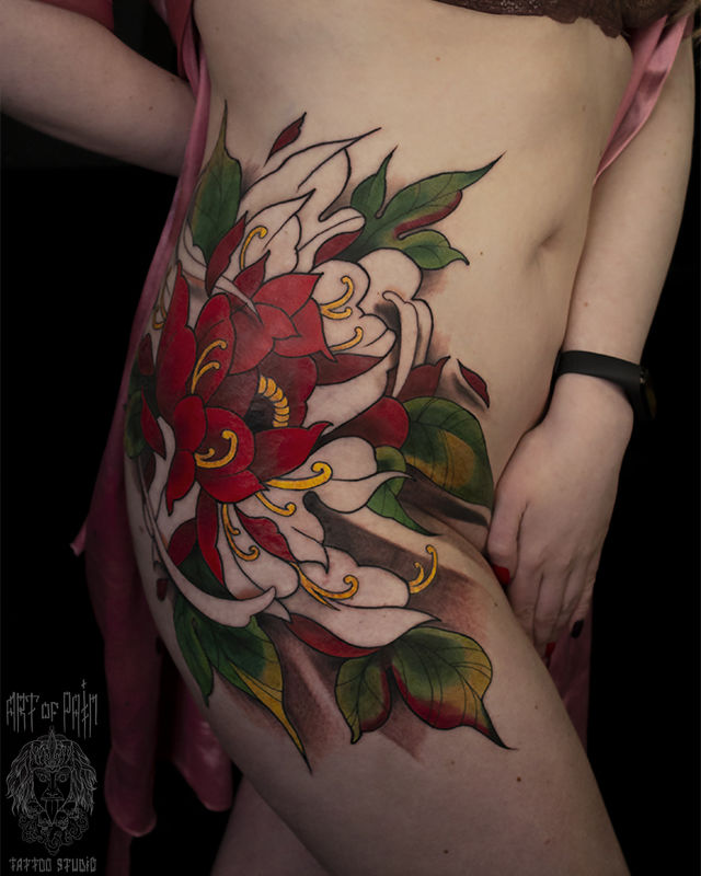 Татуировка женская япония на бедре пион – Мастер тату: 