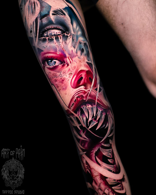 Татуировка мужская цветной реализм на ноге девушка-демон – Мастер тату: Дмитрий Шейб