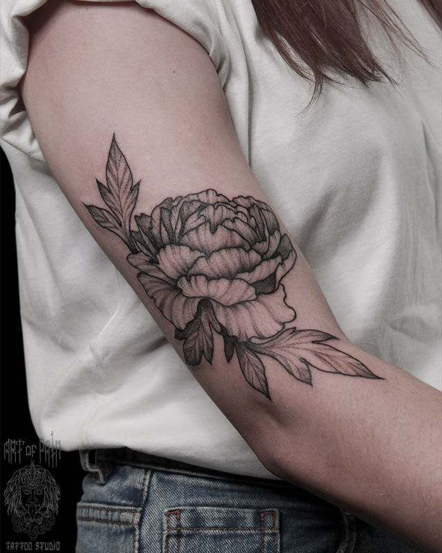 Татуировка женская графика на плече пион – Мастер тату: Надежда Полякова