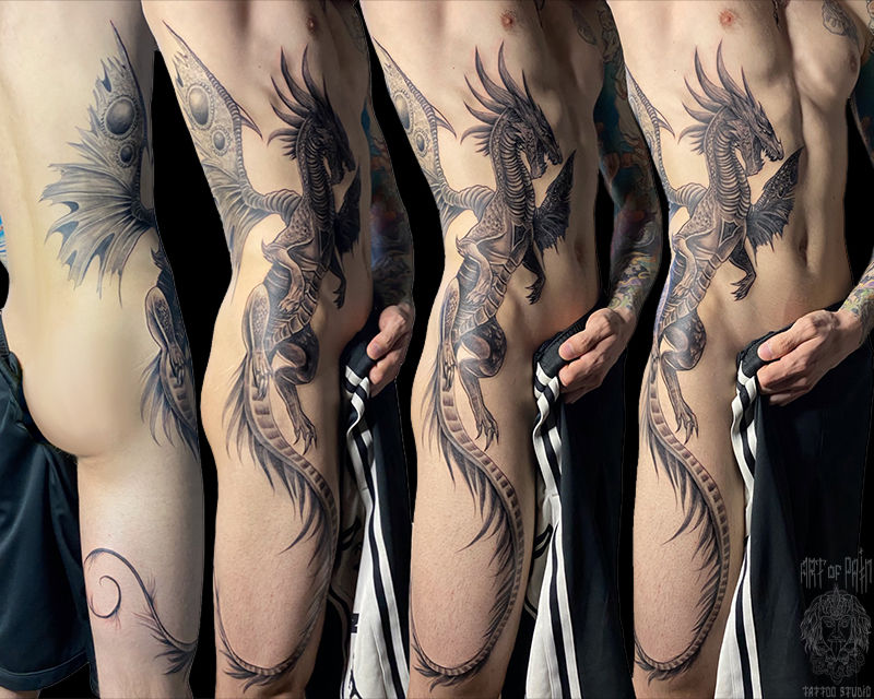Татуировка мужская графика на боку дракон – Мастер тату: 